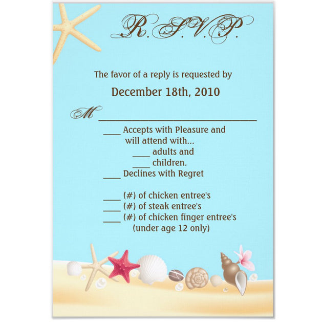 3.5x5 Vertical PRINTED Wedding R.S.V.P. Card - Beach Sand Starfish Seashell