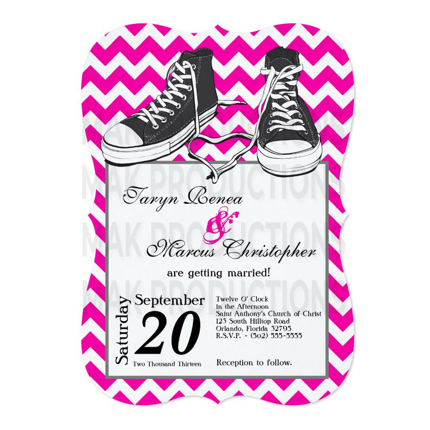 5x7 PRINTED Wedding Invitation - Neon Pink and White Zig Zag Shoe Converse Graphic