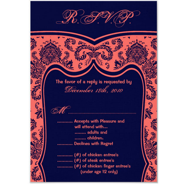 3.5x5 Vertical PRINTED Wedding R.S.V.P. Card - Pink and Navy Blue Elegant Floral Damask Tile Pattern