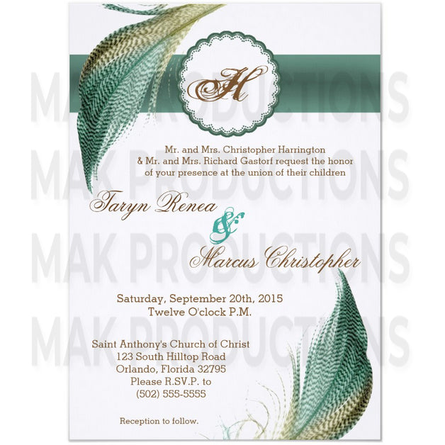 5x7 PRINTED Wedding Invitation - Teal and White Peacock Bird Feathers