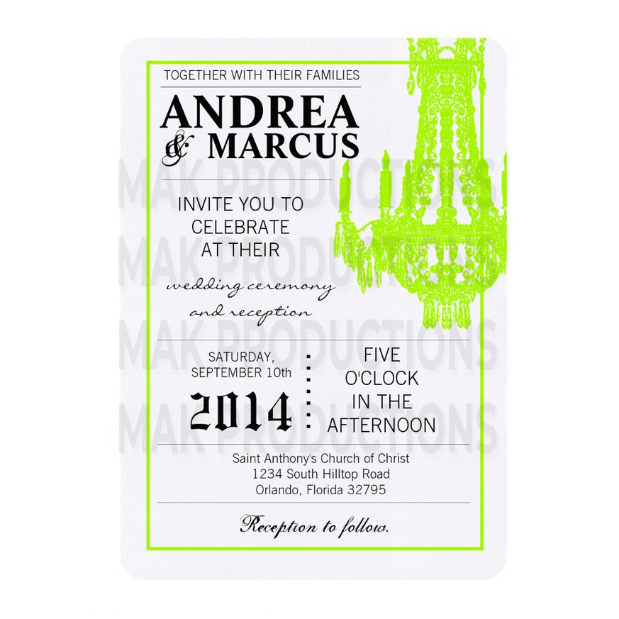 5x7 PRINTED Wedding Invitation -  White and Neon Gree Simple Elegant Chandelier