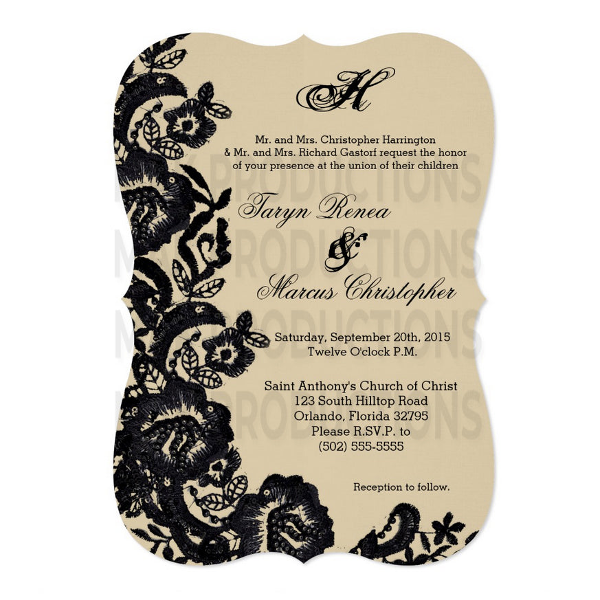 5x7 PRINTED Wedding Invitation - Tan and Black Floral Pattern Elegant