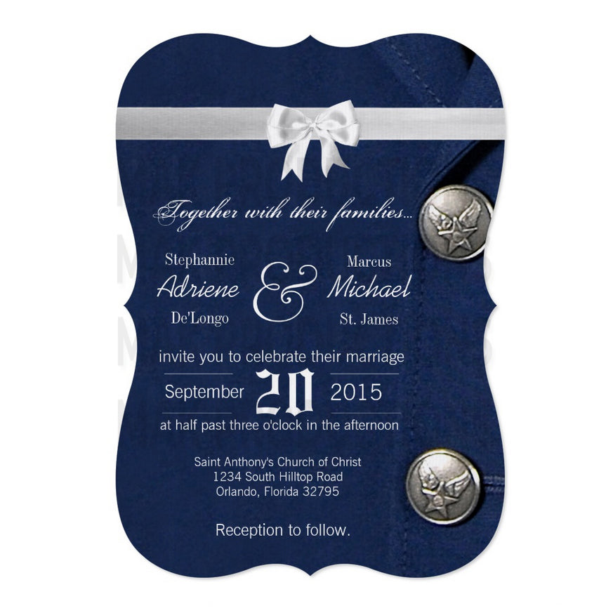 5x7 PRINTED Wedding Invitation - Navy Blue Army Dress Suit Silver Buttons White Bow