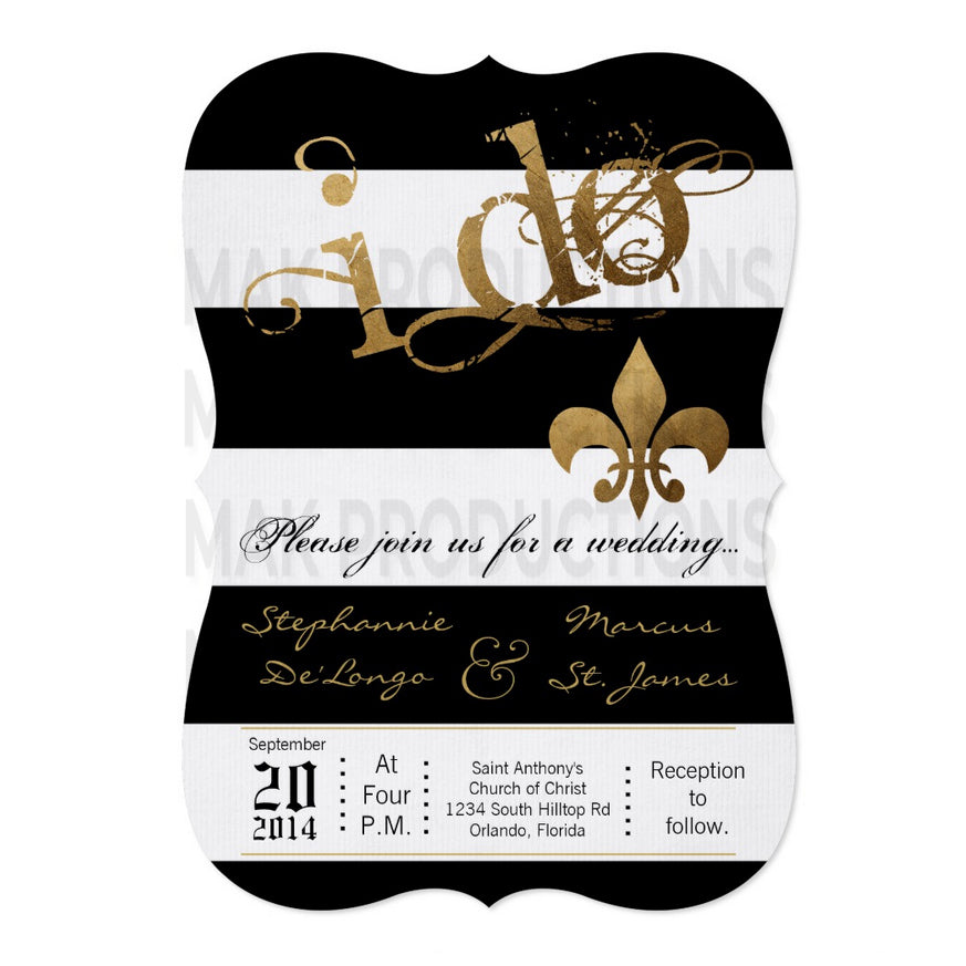 5x7 PRINTED Wedding Invitation - Black and White Simple Stripe Pattern Gold I Do
