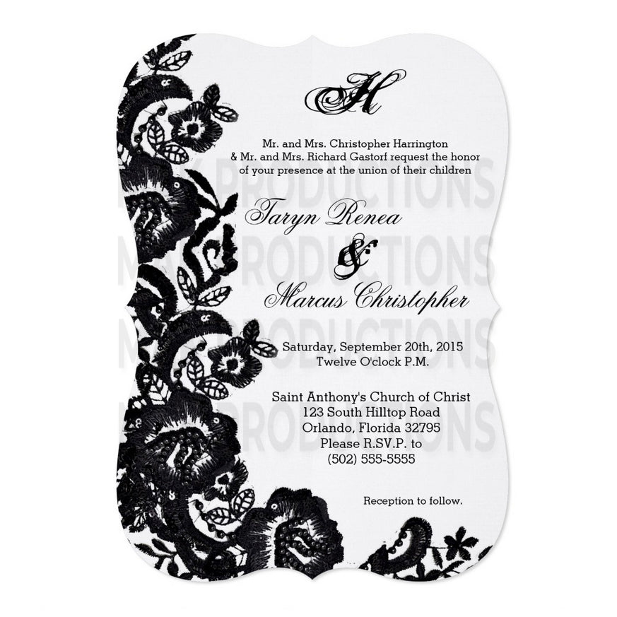 5x7 PRINTED Wedding Invitation - White and Black Floral Pattern Elegant