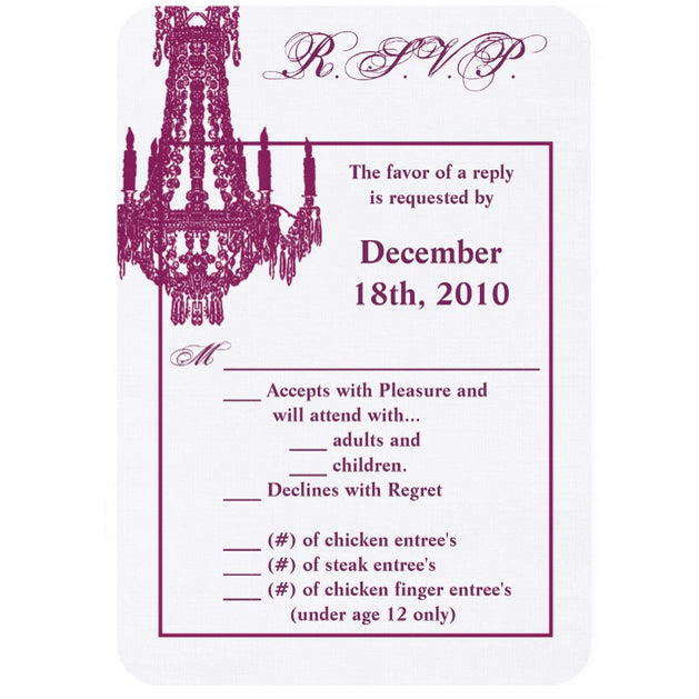 3.5x5 Vertical PRINTED Wedding R.S.V.P. Card - White and Purple Fancy Chandelier Graphic