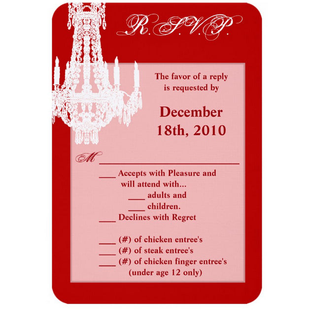 3.5x5 Vertical PRINTED Wedding R.S.V.P. Card - Red and White Fancy Chandelier Graphic