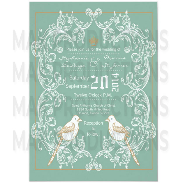 5x7 PRINTED Wedding Invitation - Teal and White Simple Elegant Birds