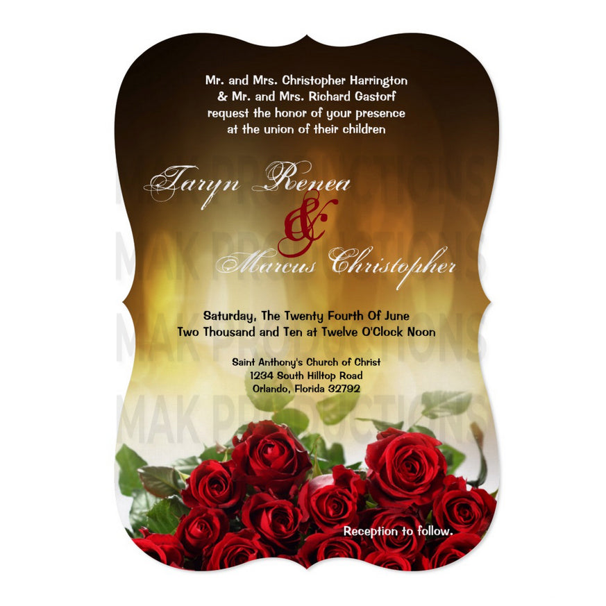 5x7 PRINTED Wedding Invitation - Yellow and Red Shiny Lights Floral Flower Roses