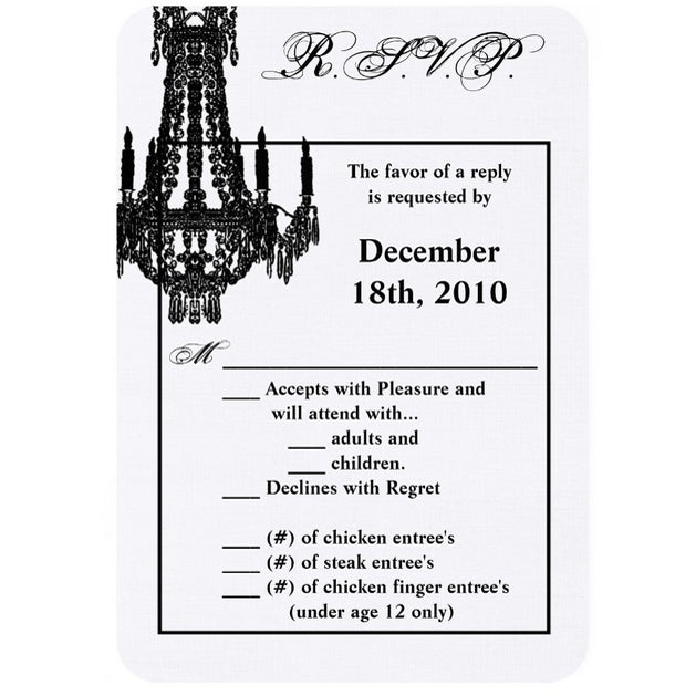3.5x5 Vertical PRINTED Wedding R.S.V.P. Card - White and Black Fancy Chandelier Graphic