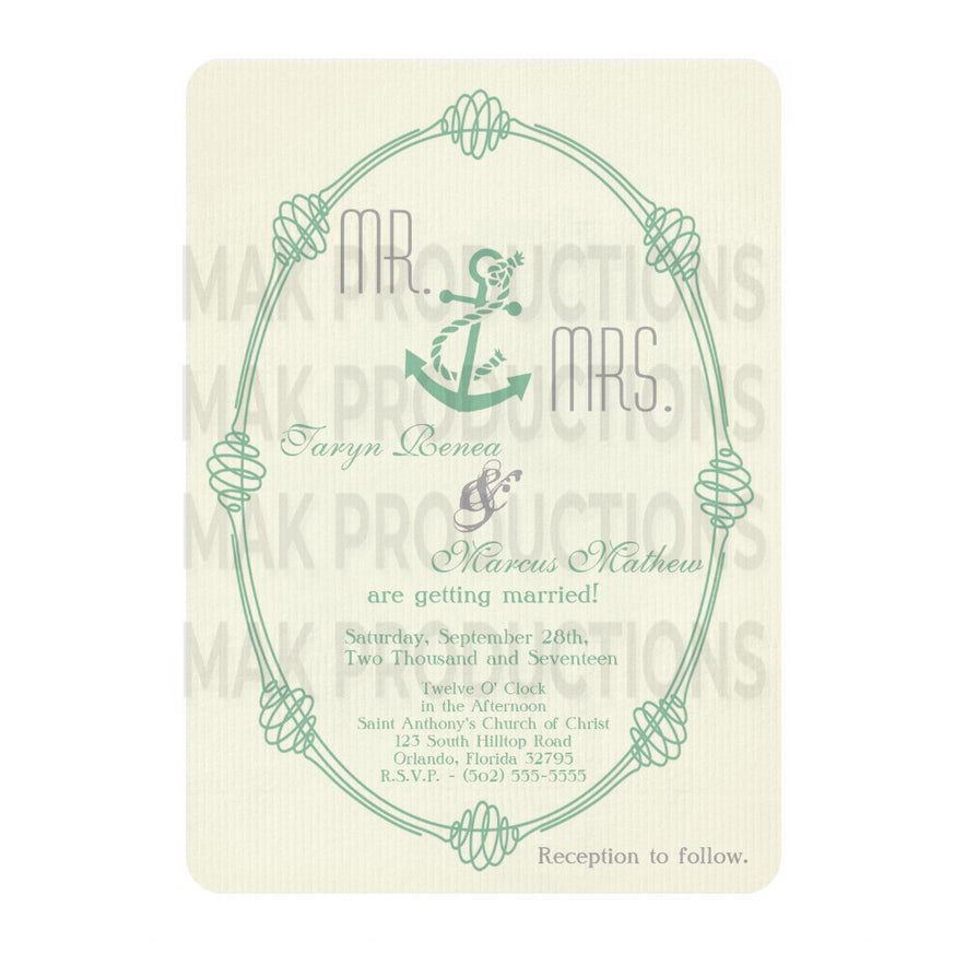 5x7 PRINTED Wedding Invitation - Blue and White Simple Elegant Ship Anchor