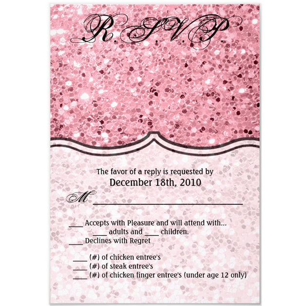 3.5x5 Vertical PRINTED Wedding R.S.V.P. Card - Pink Glitter Sparkle and White Cursive