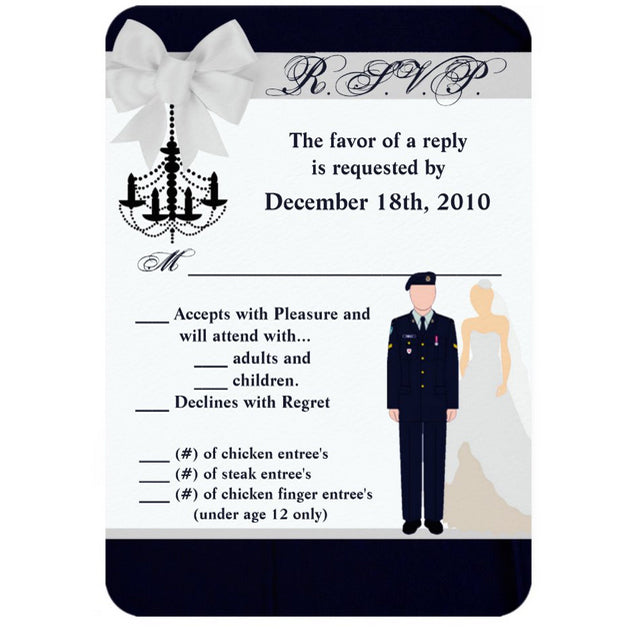 3.5x5 Vertical PRINTED Wedding R.S.V.P. Card - Navy Groom and Bride Couples Love White Ribbon Bow