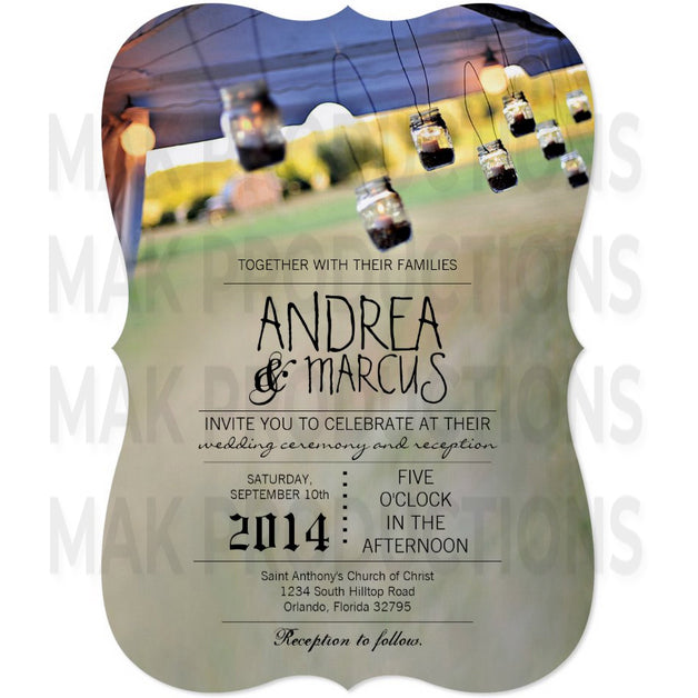 5x7 PRINTED Wedding Invitation - Countryside Mason Jar String Lights