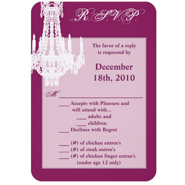 3.5x5 Vertical PRINTED Wedding R.S.V.P. Card - Purple and White Fancy Chandelier Graphic