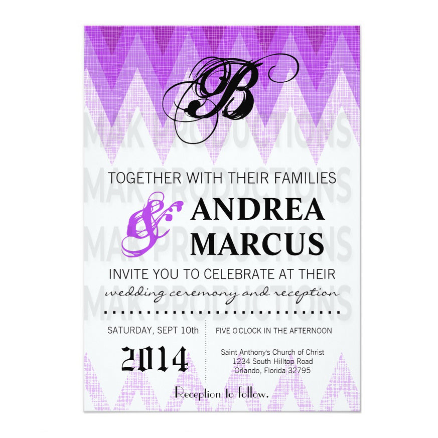 5x7 PRINTED Wedding Invitation - Purple and White Triangle Zig Zag Pattern