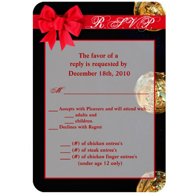 3.5x5 Vertical PRINTED Wedding R.S.V.P. Card - Black Army Suit Gold Buttons Red Ribbon Bow