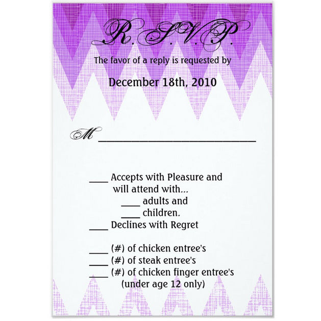 3.5x5 Vertical PRINTED Wedding R.S.V.P. Card - Purple Zig Zag Stripe Banner Hanging