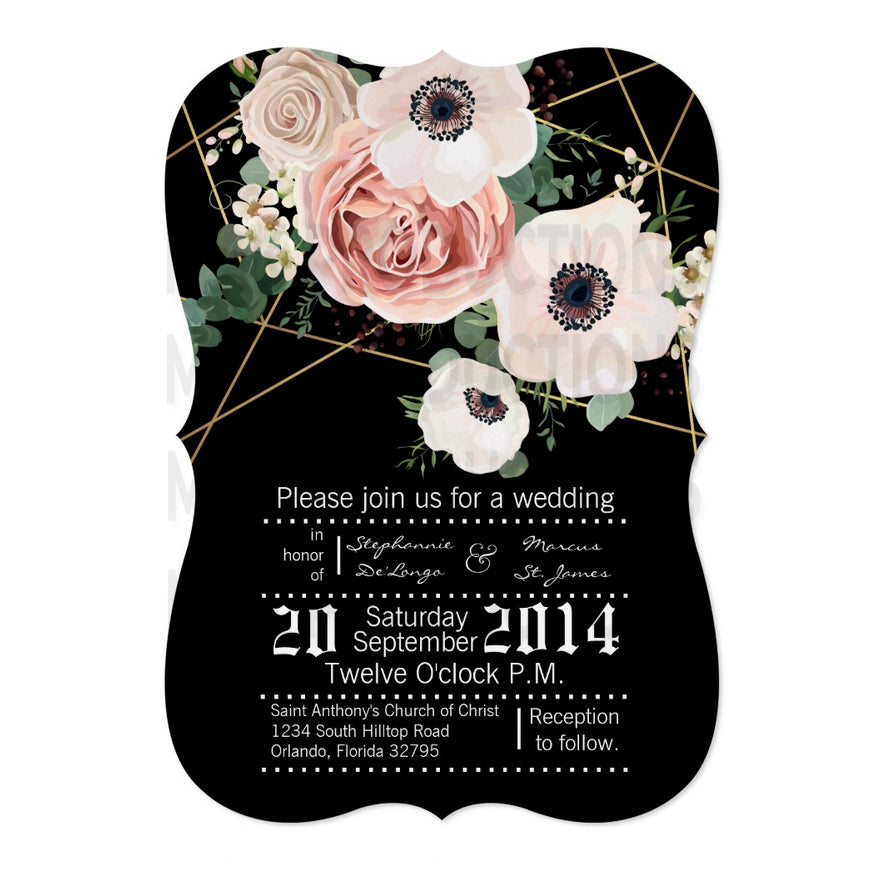 5x7 PRINTED Wedding Invitation - Black, Pink, and White Simple Geometric Rose