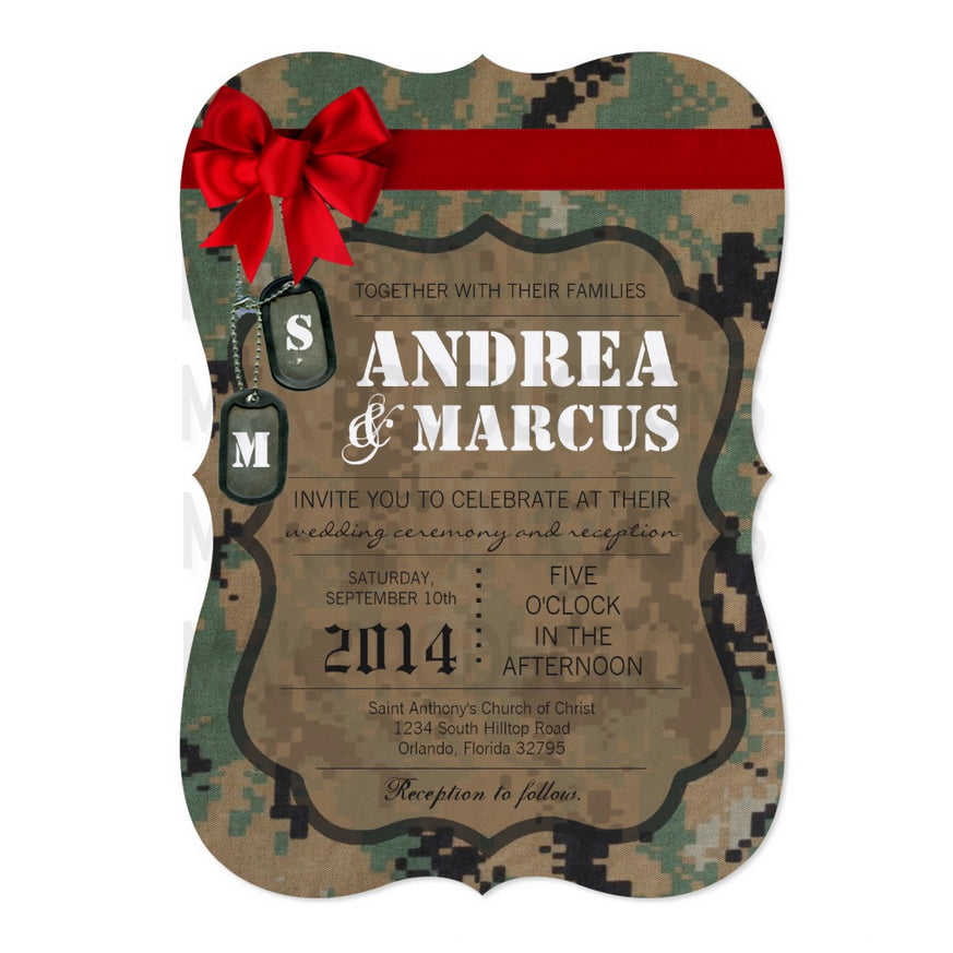 5x7 PRINTED Wedding Invitation - Green Camo and Red Simple Elegant Pattern Bow