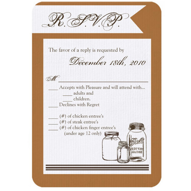 3.5x5 Vertical PRINTED Wedding R.S.V.P. Card - Tan Carboard Box and White Country Mini Mason Jars