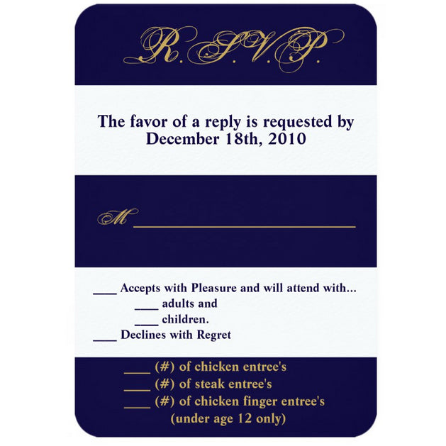 3.5x5 Vertical PRINTED Wedding R.S.V.P. Card - Neon Blue and White Stripe Pattern Gold Cursive