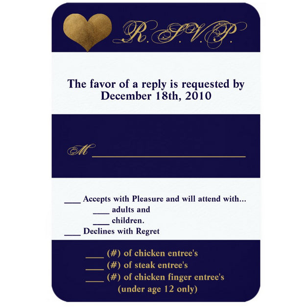 3.5x5 Vertical PRINTED Wedding R.S.V.P. Card - Neon Blue and White Stripe Pattern Gold Cursive Heart Love