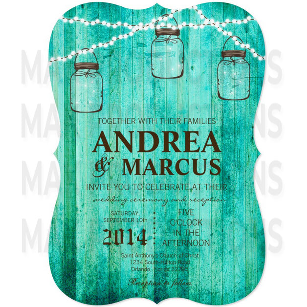 5x7 PRINTED Wedding Invitation - Teal Fancy Traditional Rustic Mason Jar String Lights