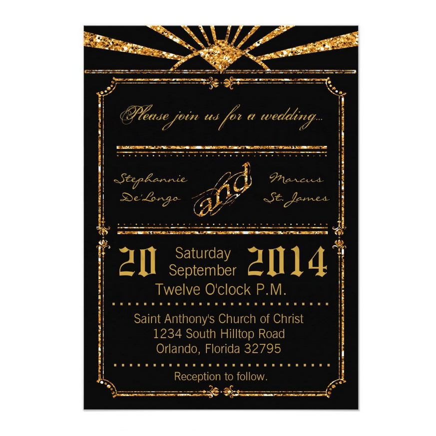 5x7 PRINTED Wedding Invitation - Black and Gold Simple Elegant Geometric Minimalist Glitter
