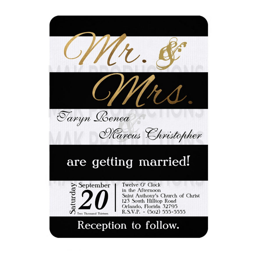 5x7 PRINTED Wedding Invitation - Black and White Simple Stripe Pattern Gold Mr. and Mrs.