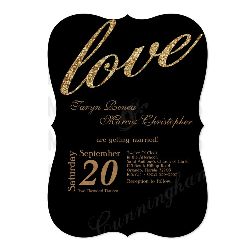 5x7 PRINTED Wedding Invitation - Black and Gold Simple Minimalist Love Cursive