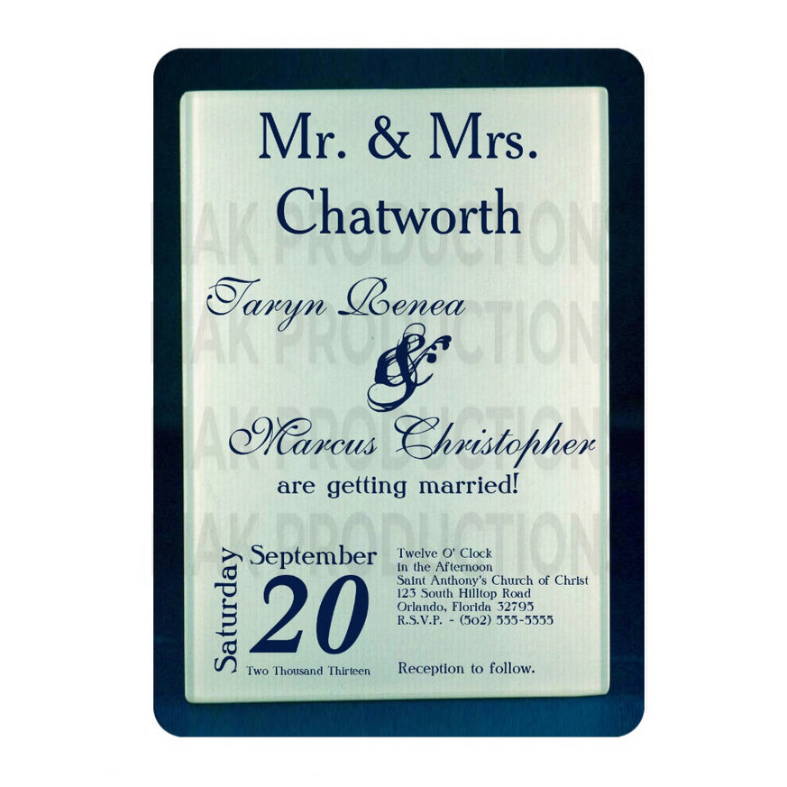 5x7 PRINTED Wedding Invitation - White and Navy Blue Simple Square Border