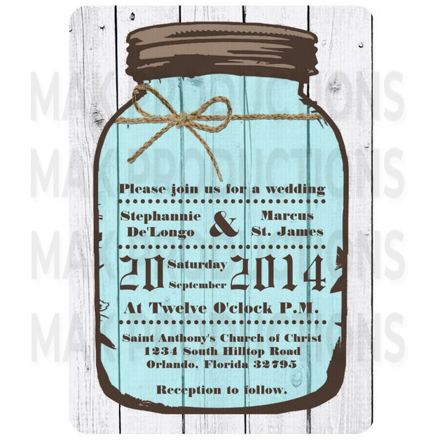 5x7 PRINTED Wedding Invitation - Teal and Gray Fancy Traditional Rustic Mason