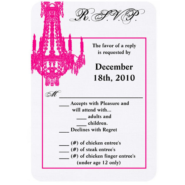 3.5x5 Vertical PRINTED Wedding R.S.V.P. Card - White and Neon Pink Fancy Chandelier Graphic