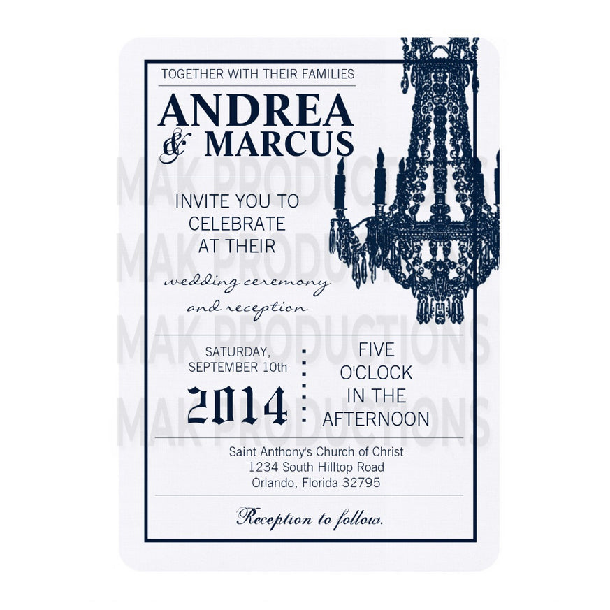 5x7 PRINTED Wedding Invitation -  White and Navy Blue Simple Elegant Chandelier