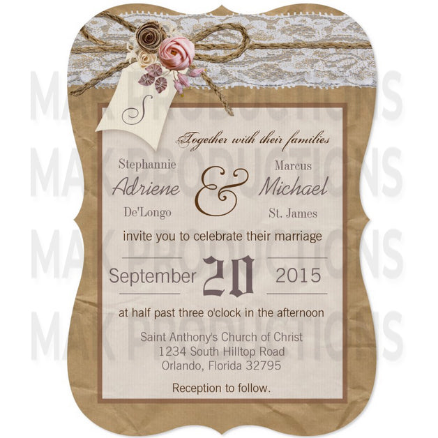 5x7 PRINTED Wedding Invitation - Gold and Silver Cute Woodsy Rope Bow