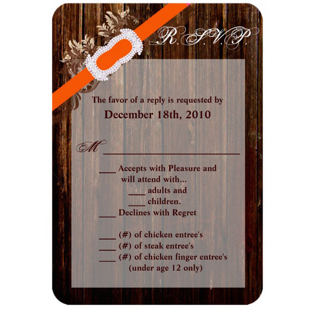 3.5x5 Vertical PRINTED Wedding R.S.V.P. Card - Brown and Orange Wood Country Filigree Band