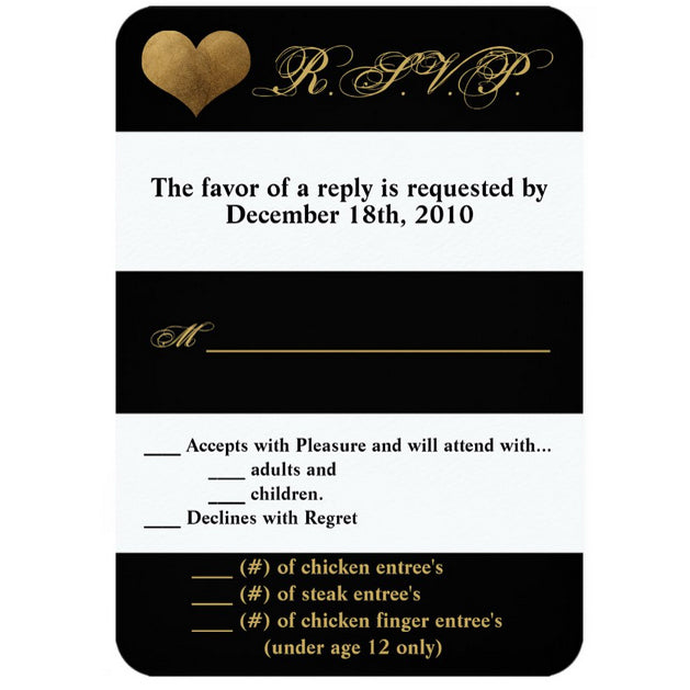 3.5x5 Vertical PRINTED Wedding R.S.V.P. Card - Black and White Stripe Pattern Gold Cursive Heart Love
