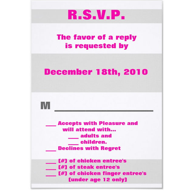 3.5x5 Vertical PRINTED Wedding R.S.V.P. Card - Light Gray, White, and Pink Stripe Pattern Background