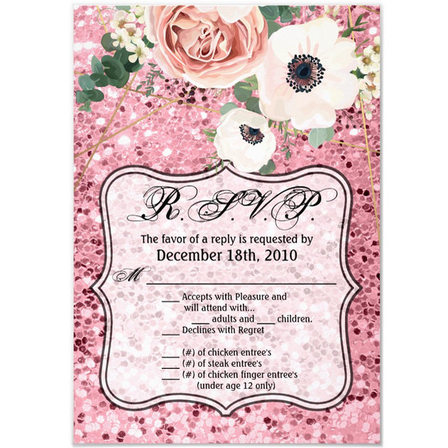 3.5x5 Vertical PRINTED Wedding R.S.V.P. Card - Pink Glitter Sparkle Geometric Floral Flower Rose