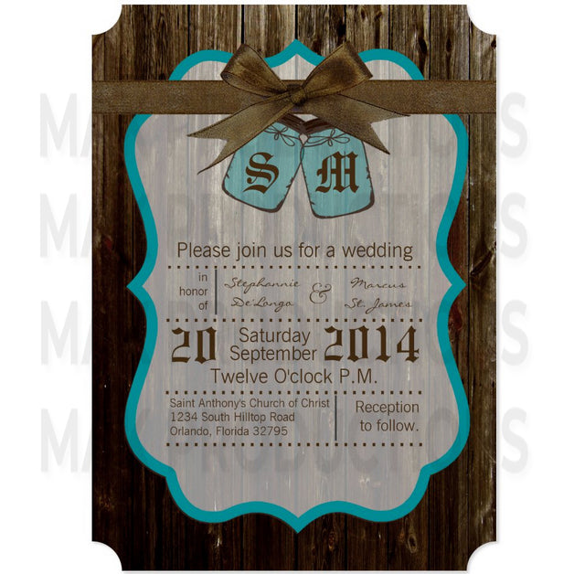 5x7 PRINTED Wedding Invitation - Teal and Brown Fancy Traditional Rustic Mason Jars Initials