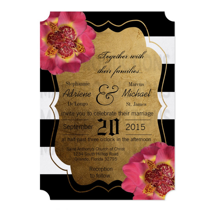 5x7 PRINTED Wedding Invitation - Gold Elegant Formal Black White Stripe Patter Floral Flowers