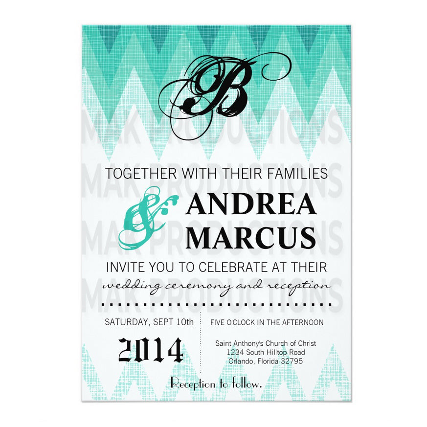 5x7 PRINTED Wedding Invitation - Teal and White Triangle Zig Zag Pattern