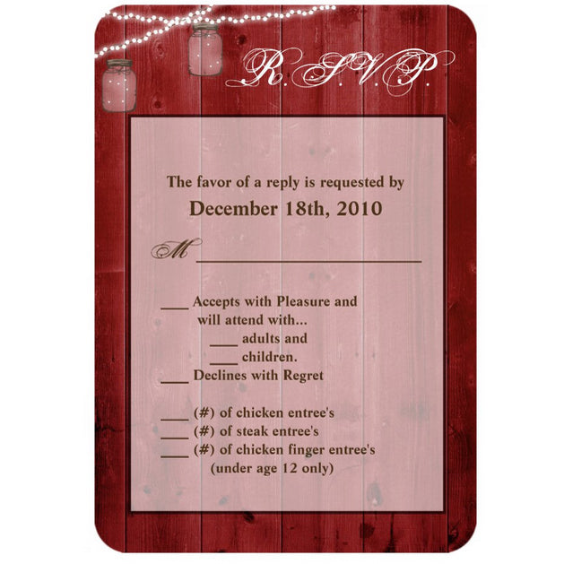 3.5x5 Vertical PRINTED Wedding R.S.V.P. Card - Red Wood Country Mason Jar
