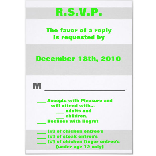3.5x5 Vertical PRINTED Wedding R.S.V.P. Card - Light Gray, White, and Green Stripe Pattern Background