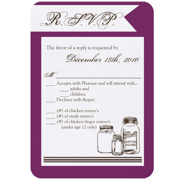 3.5x5 Vertical PRINTED Wedding R.S.V.P. Card - Purple and White Country Mini Mason Jars