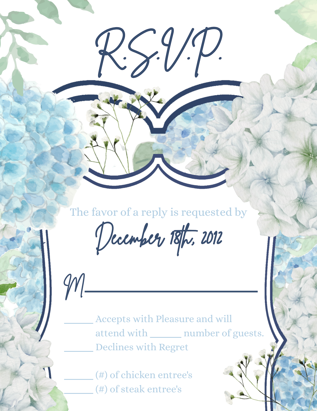 3.5x5 Vertical PRINTED Wedding R.S.V.P. Card - Blue and White Hydrangea Floral Flowers