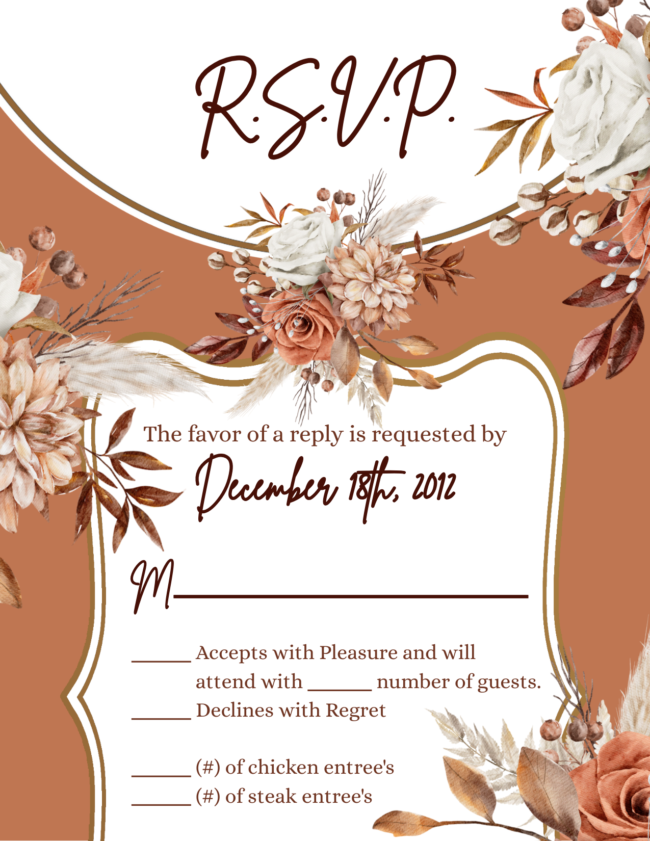3.5x5 Vertical PRINTED Wedding R.S.V.P. Card - Brown and White Bohemian Rust Floral Flowers