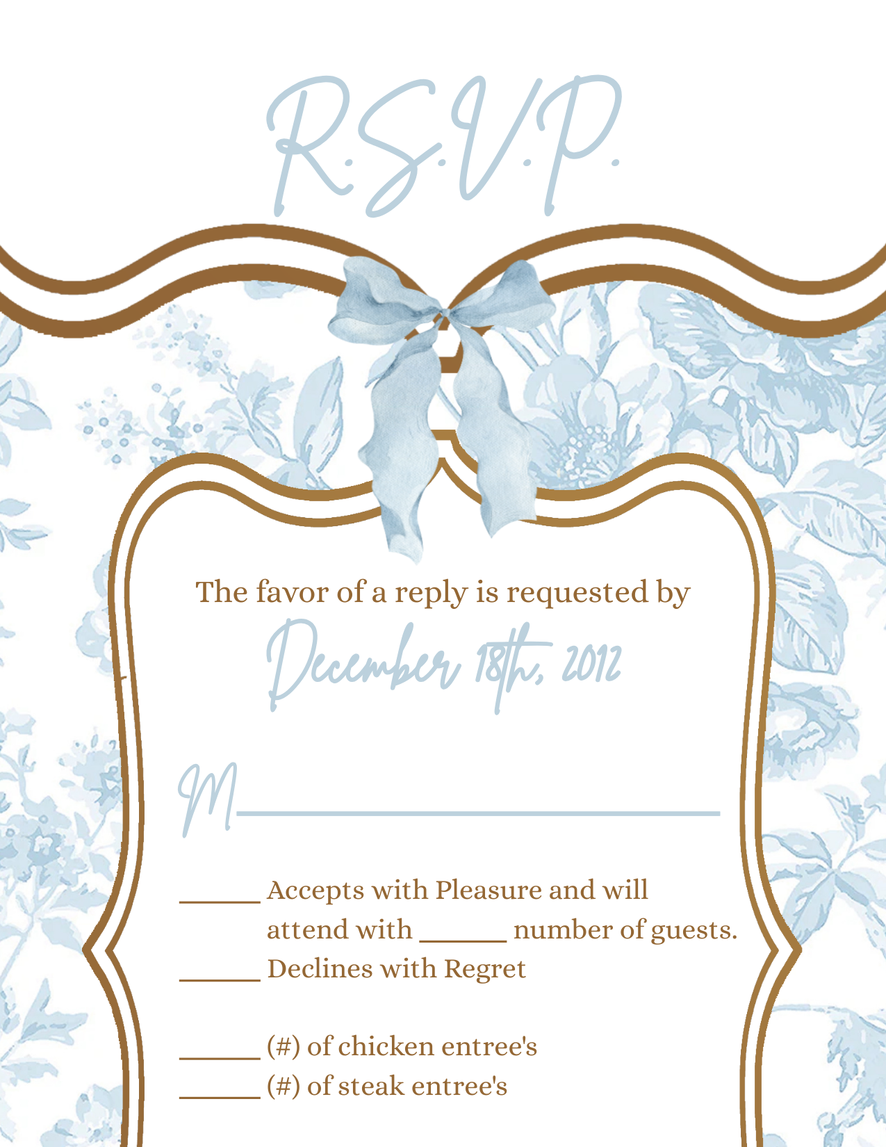3.5x5 Vertical PRINTED Wedding R.S.V.P. Card - Light Blue, White, and Gold Elegant Blue Floral Pattern Bow