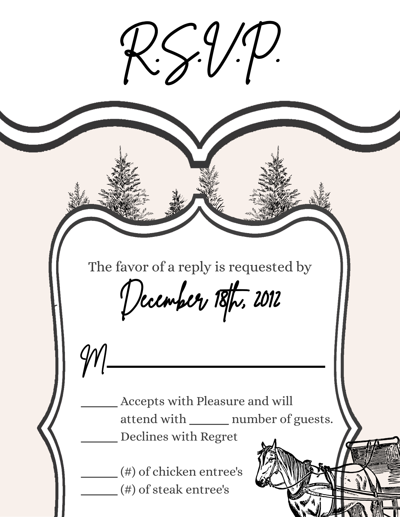 3.5x5 Vertical PRINTED Wedding R.S.V.P. Card - Cream and Black Mansion Elegant Trees Horse Carriage